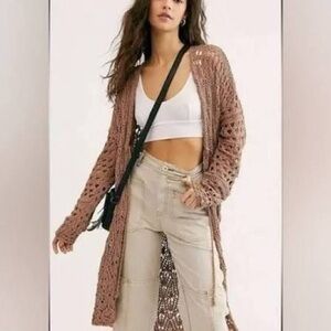 Free People Sweet Talker Crochet Cardigan Brown Tan Sweater | SZ L